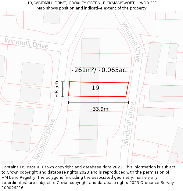 19, WINDMILL DRIVE, CROXLEY GREEN, RICKMANSWORTH, WD3 3FF: Plot and title map