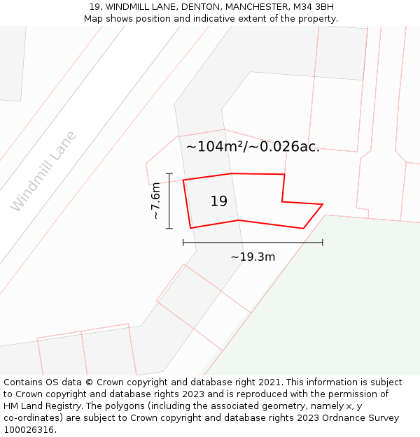 19, WINDMILL LANE, DENTON, MANCHESTER, M34 3BH: Plot and title map