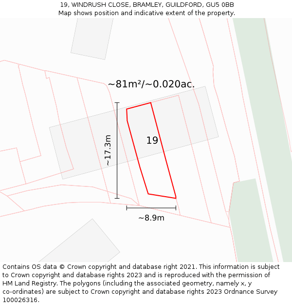19, WINDRUSH CLOSE, BRAMLEY, GUILDFORD, GU5 0BB: Plot and title map