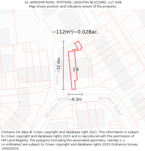 19, WINDSOR ROAD, PITSTONE, LEIGHTON BUZZARD, LU7 9GB: Plot and title map