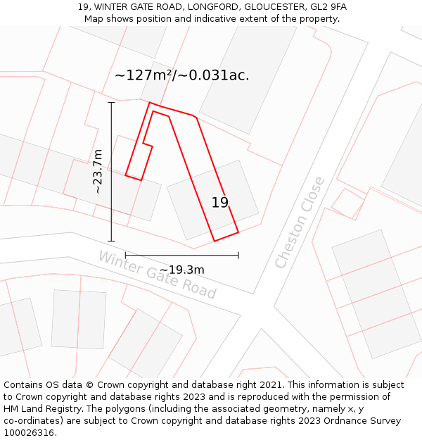 19, WINTER GATE ROAD, LONGFORD, GLOUCESTER, GL2 9FA: Plot and title map