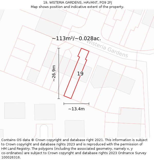 19, WISTERIA GARDENS, HAVANT, PO9 2FJ: Plot and title map