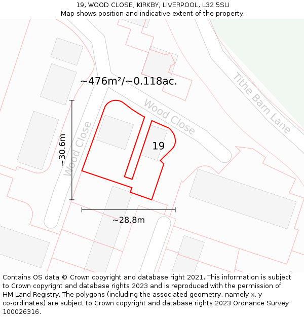 19, WOOD CLOSE, KIRKBY, LIVERPOOL, L32 5SU: Plot and title map