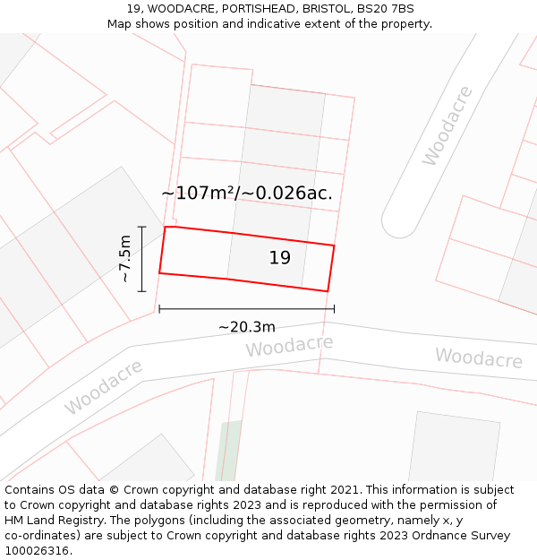 19, WOODACRE, PORTISHEAD, BRISTOL, BS20 7BS: Plot and title map
