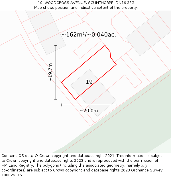 19, WOODCROSS AVENUE, SCUNTHORPE, DN16 3FG: Plot and title map