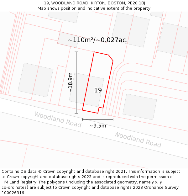 19, WOODLAND ROAD, KIRTON, BOSTON, PE20 1BJ: Plot and title map