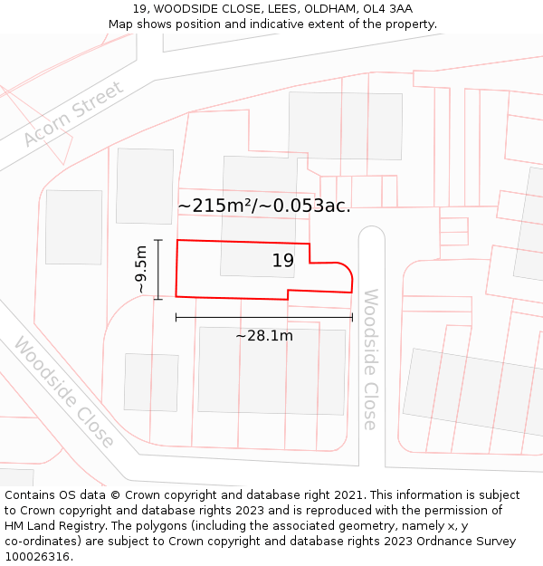 19, WOODSIDE CLOSE, LEES, OLDHAM, OL4 3AA: Plot and title map