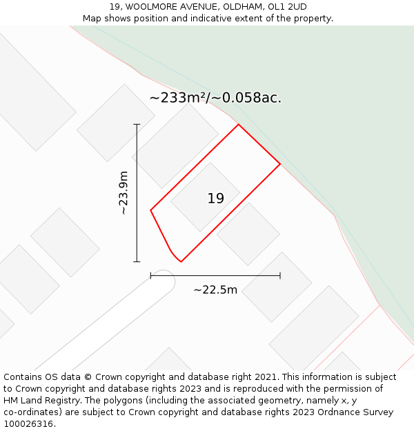 19, WOOLMORE AVENUE, OLDHAM, OL1 2UD: Plot and title map
