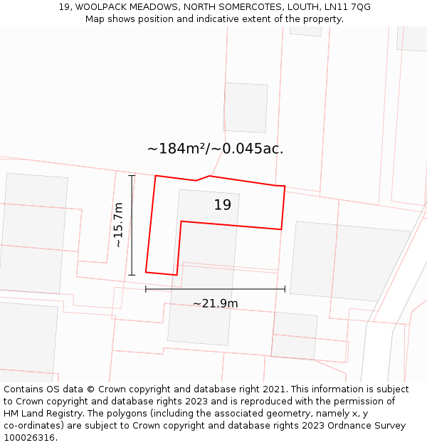 19, WOOLPACK MEADOWS, NORTH SOMERCOTES, LOUTH, LN11 7QG: Plot and title map