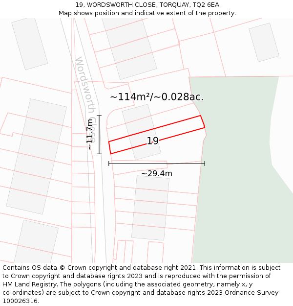 19, WORDSWORTH CLOSE, TORQUAY, TQ2 6EA: Plot and title map