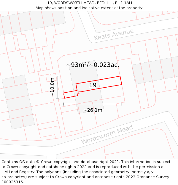 19, WORDSWORTH MEAD, REDHILL, RH1 1AH: Plot and title map