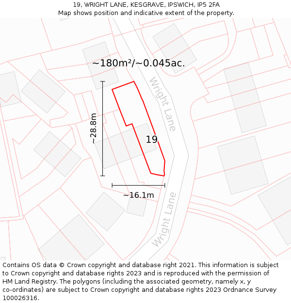 19, WRIGHT LANE, KESGRAVE, IPSWICH, IP5 2FA: Plot and title map