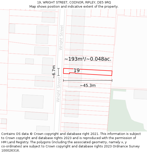 19, WRIGHT STREET, CODNOR, RIPLEY, DE5 9RQ: Plot and title map