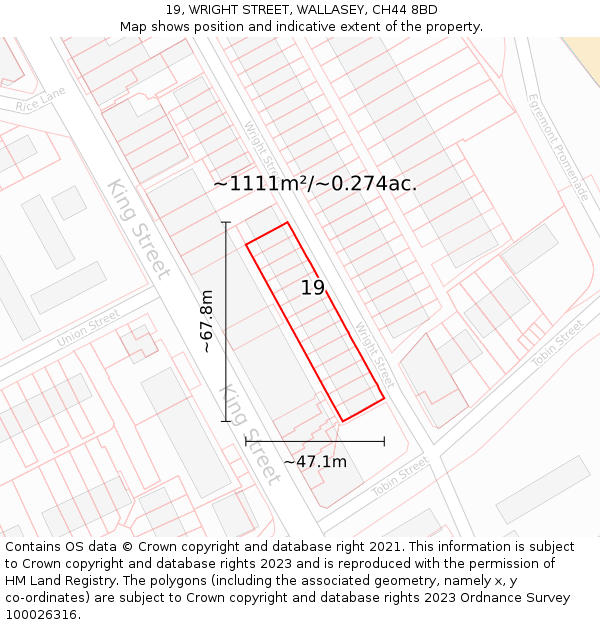 19, WRIGHT STREET, WALLASEY, CH44 8BD: Plot and title map