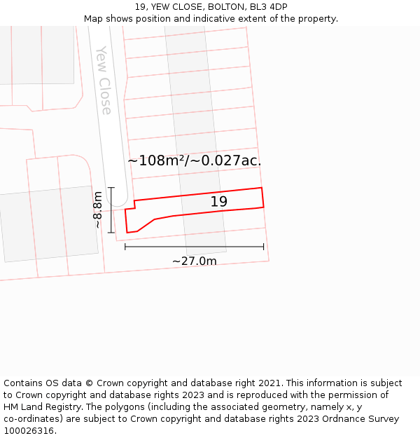 19, YEW CLOSE, BOLTON, BL3 4DP: Plot and title map