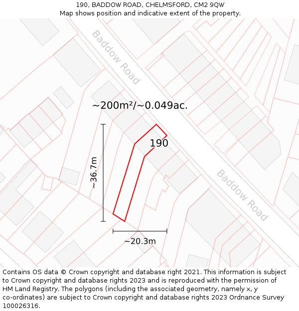 190, BADDOW ROAD, CHELMSFORD, CM2 9QW: Plot and title map