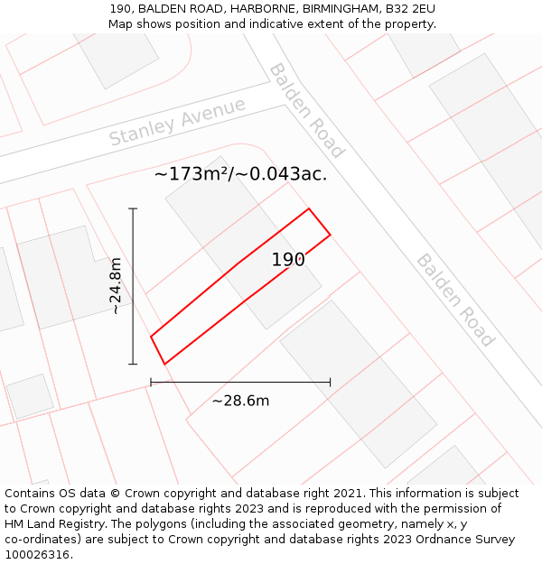 190, BALDEN ROAD, HARBORNE, BIRMINGHAM, B32 2EU: Plot and title map