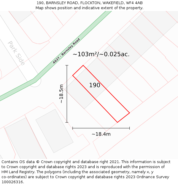 190, BARNSLEY ROAD, FLOCKTON, WAKEFIELD, WF4 4AB: Plot and title map