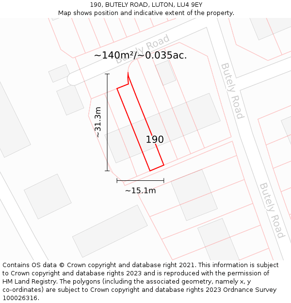 190, BUTELY ROAD, LUTON, LU4 9EY: Plot and title map