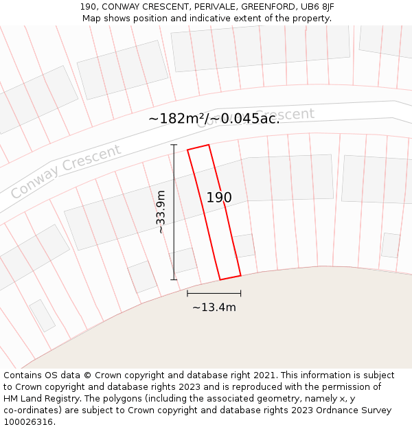 190, CONWAY CRESCENT, PERIVALE, GREENFORD, UB6 8JF: Plot and title map
