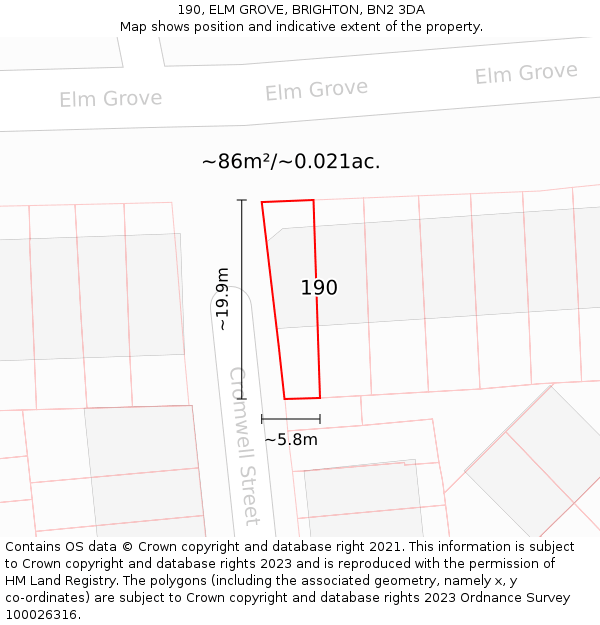 190, ELM GROVE, BRIGHTON, BN2 3DA: Plot and title map