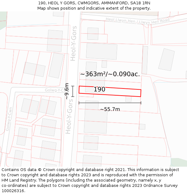 190, HEOL Y GORS, CWMGORS, AMMANFORD, SA18 1RN: Plot and title map