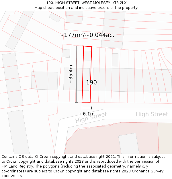 190, HIGH STREET, WEST MOLESEY, KT8 2LX: Plot and title map