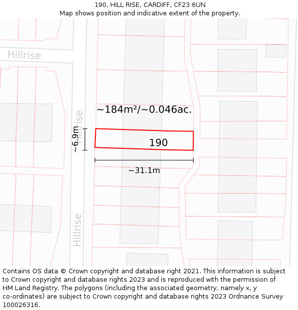 190, HILL RISE, CARDIFF, CF23 6UN: Plot and title map