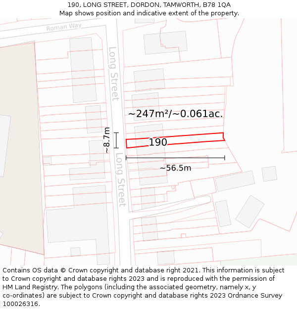 190, LONG STREET, DORDON, TAMWORTH, B78 1QA: Plot and title map