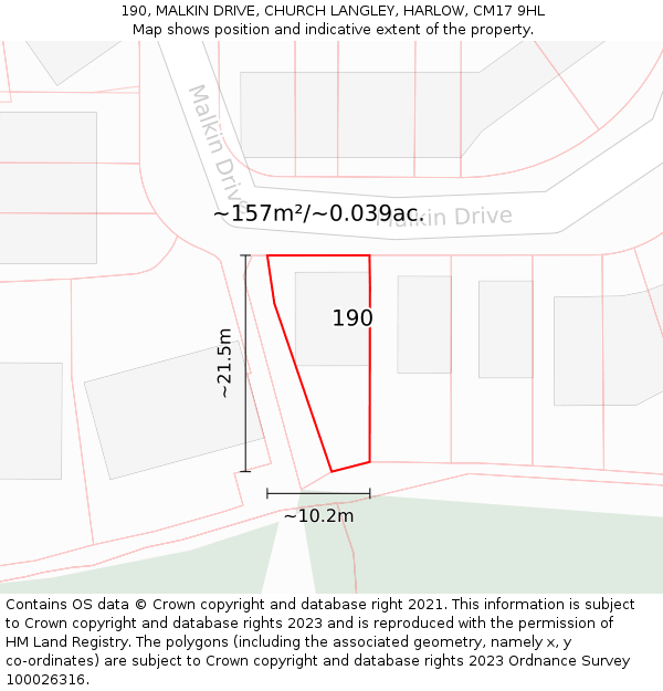 190, MALKIN DRIVE, CHURCH LANGLEY, HARLOW, CM17 9HL: Plot and title map