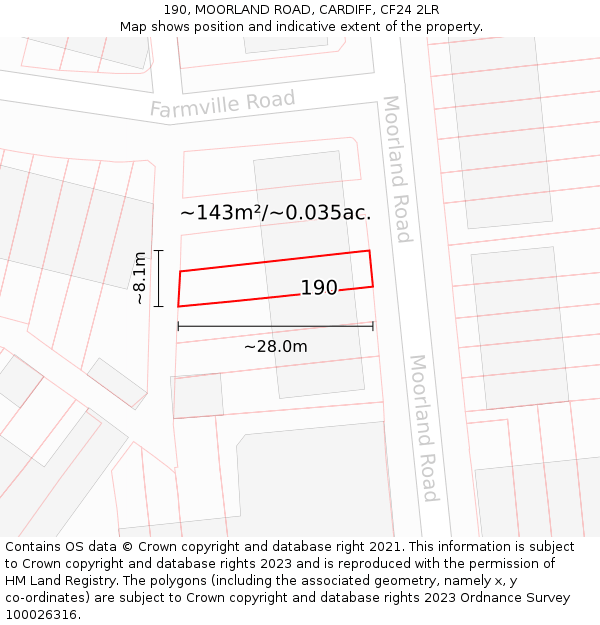 190, MOORLAND ROAD, CARDIFF, CF24 2LR: Plot and title map