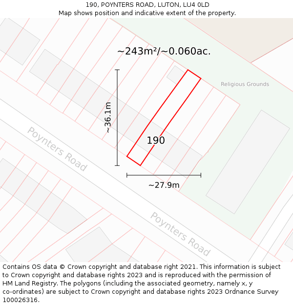 190, POYNTERS ROAD, LUTON, LU4 0LD: Plot and title map