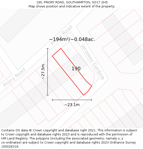 190, PRIORY ROAD, SOUTHAMPTON, SO17 2HS: Plot and title map