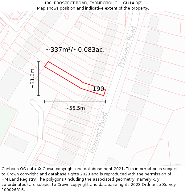 190, PROSPECT ROAD, FARNBOROUGH, GU14 8JZ: Plot and title map
