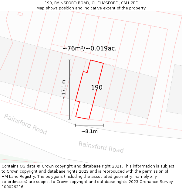 190, RAINSFORD ROAD, CHELMSFORD, CM1 2PD: Plot and title map
