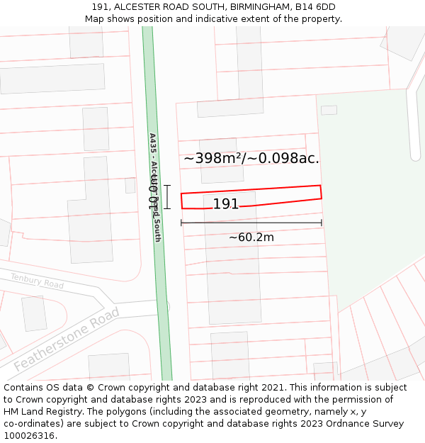 191, ALCESTER ROAD SOUTH, BIRMINGHAM, B14 6DD: Plot and title map