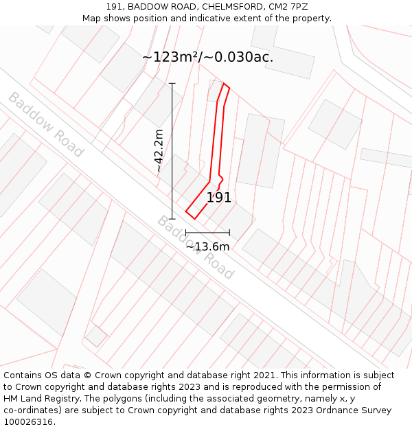 191, BADDOW ROAD, CHELMSFORD, CM2 7PZ: Plot and title map