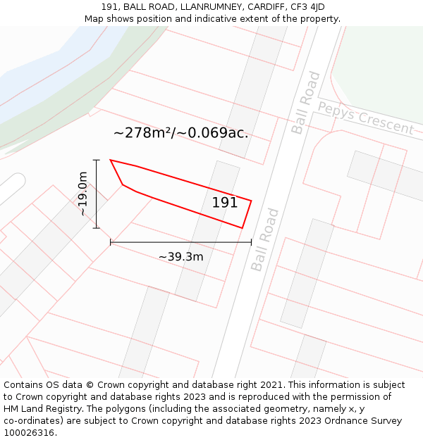 191, BALL ROAD, LLANRUMNEY, CARDIFF, CF3 4JD: Plot and title map
