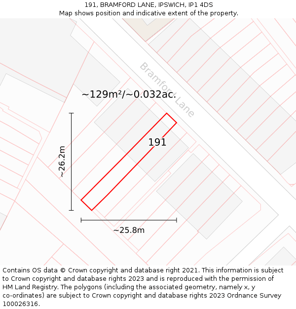 191, BRAMFORD LANE, IPSWICH, IP1 4DS: Plot and title map