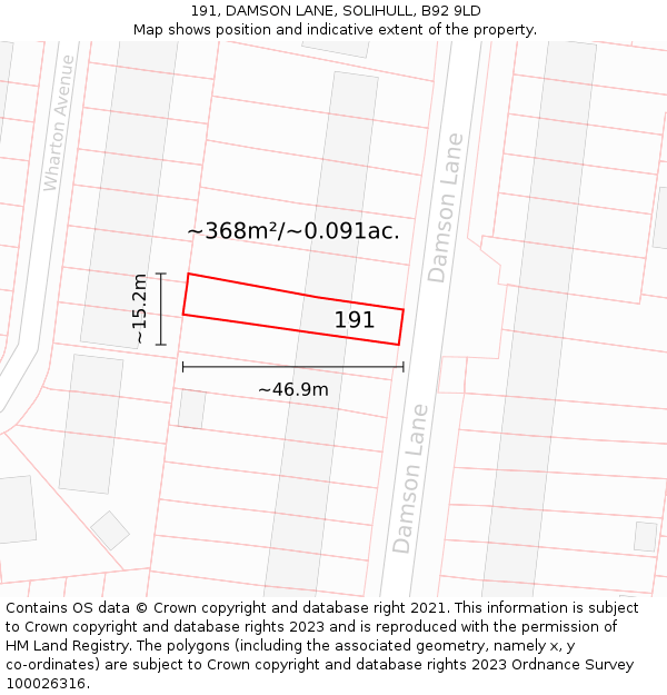 191, DAMSON LANE, SOLIHULL, B92 9LD: Plot and title map