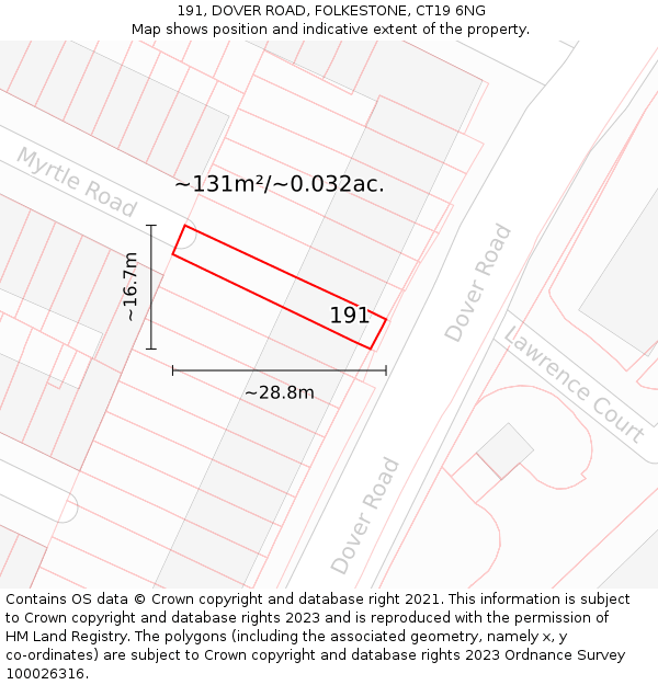 191, DOVER ROAD, FOLKESTONE, CT19 6NG: Plot and title map