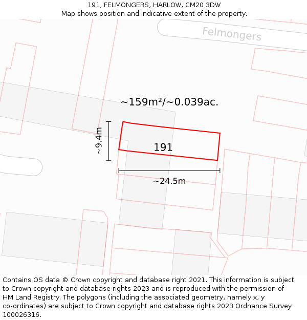 191, FELMONGERS, HARLOW, CM20 3DW: Plot and title map