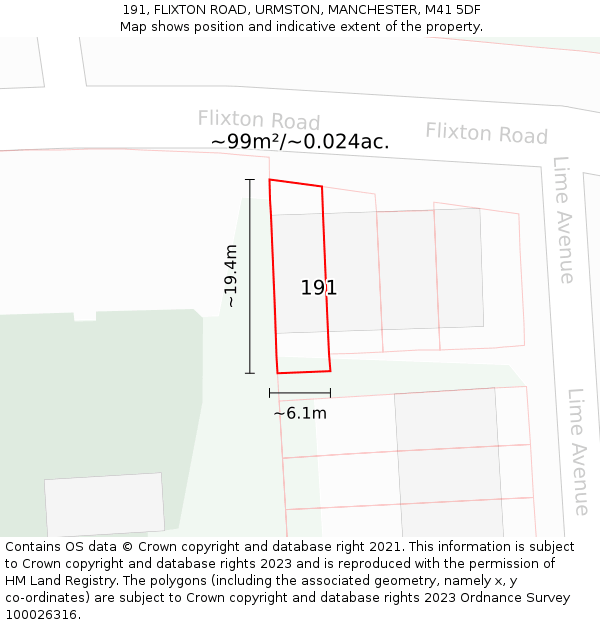191, FLIXTON ROAD, URMSTON, MANCHESTER, M41 5DF: Plot and title map
