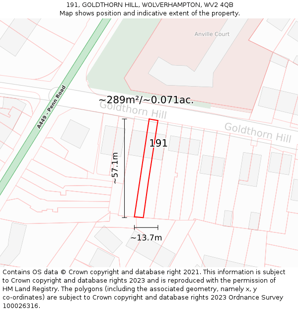 191, GOLDTHORN HILL, WOLVERHAMPTON, WV2 4QB: Plot and title map