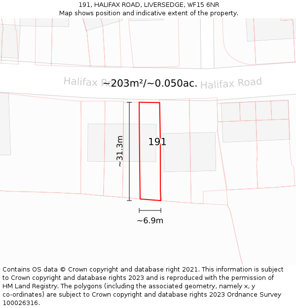 191, HALIFAX ROAD, LIVERSEDGE, WF15 6NR: Plot and title map