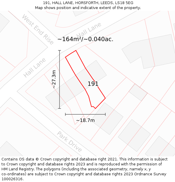 191, HALL LANE, HORSFORTH, LEEDS, LS18 5EG: Plot and title map