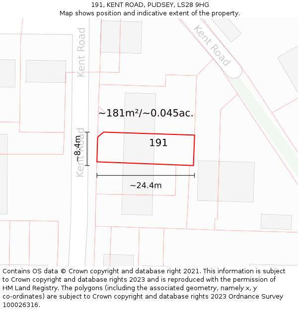 191, KENT ROAD, PUDSEY, LS28 9HG: Plot and title map