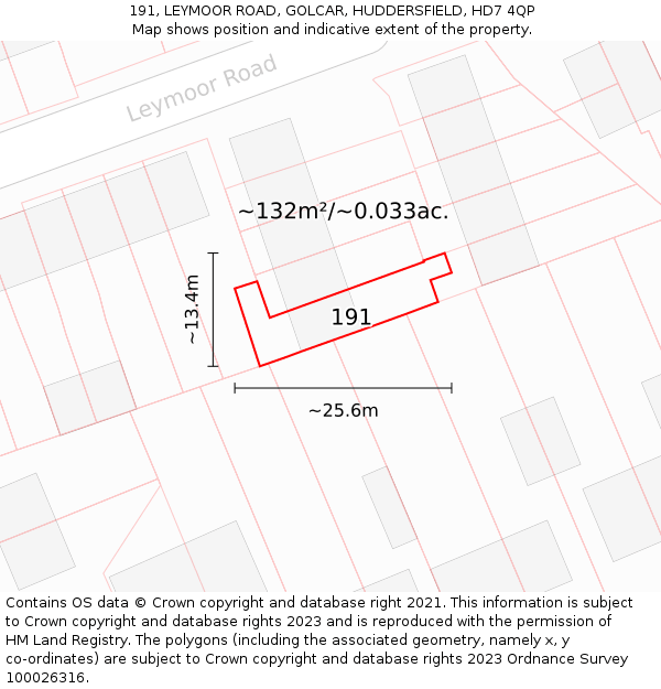 191, LEYMOOR ROAD, GOLCAR, HUDDERSFIELD, HD7 4QP: Plot and title map
