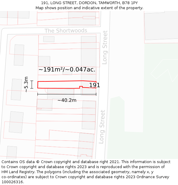 191, LONG STREET, DORDON, TAMWORTH, B78 1PY: Plot and title map