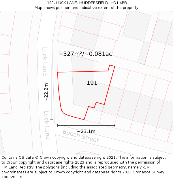 191, LUCK LANE, HUDDERSFIELD, HD1 4RB: Plot and title map